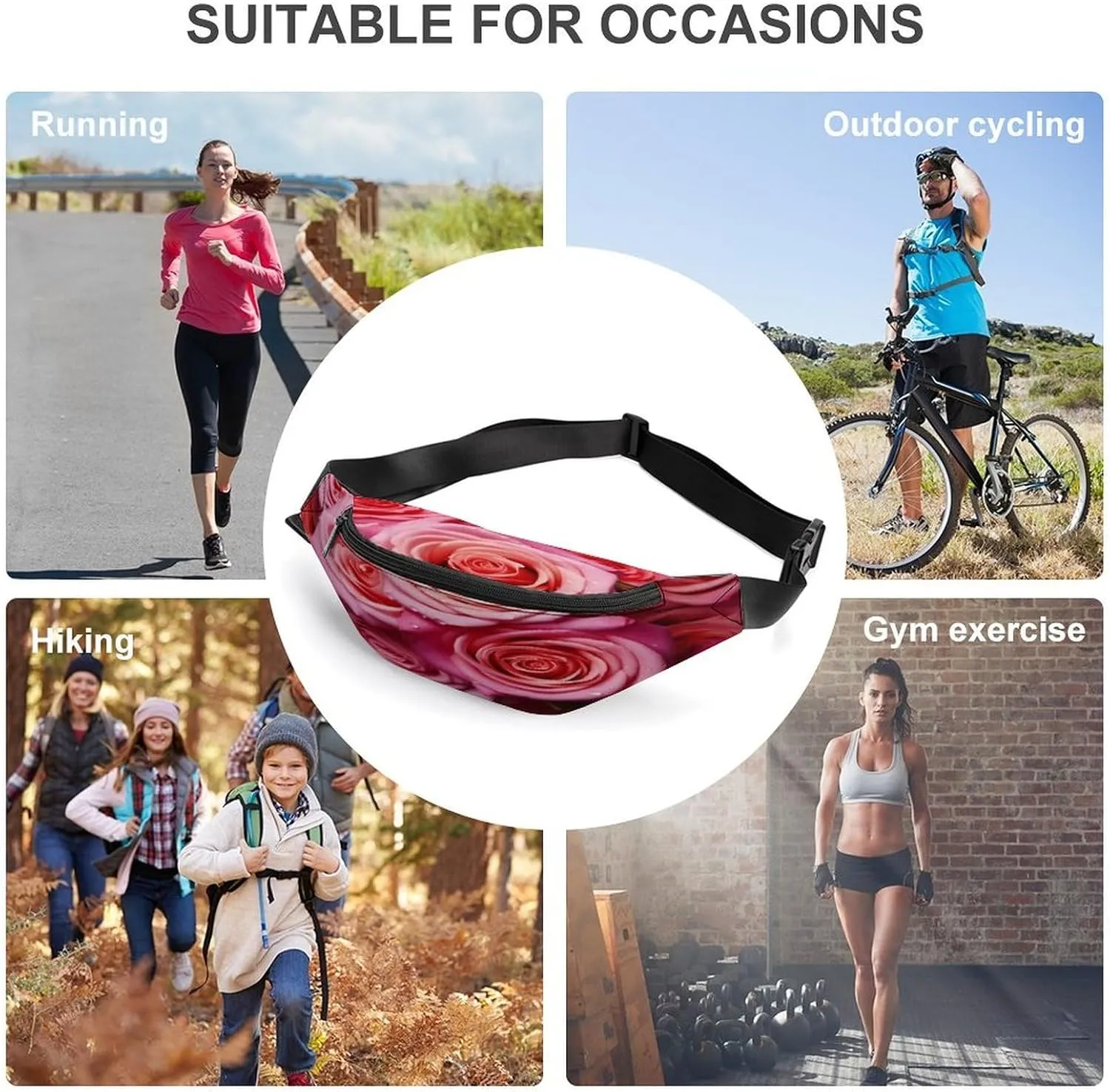 Personalized Waist Packs with Adjustable Strap,Elegant Rose Flower CrossBody Fanny Pack Casual Bag for Travel Sports Running Hiking