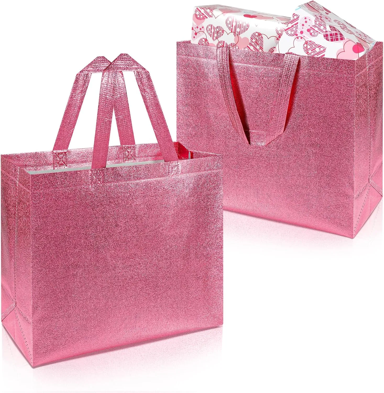 PHOGARY 15pcs Gift Bags with Handles (Pink Glitter), Stylish Party Bags for Birthday Bachelorette Wedding Party Favor Bridal Shower Wrap, Reusable Goodie Bags