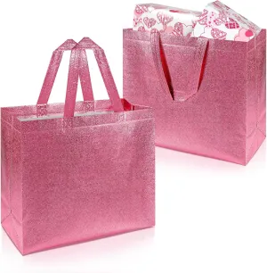 PHOGARY 15pcs Gift Bags with Handles (Pink Glitter), Stylish Party Bags for Birthday Bachelorette Wedding Party Favor Bridal Shower Wrap, Reusable Goodie Bags