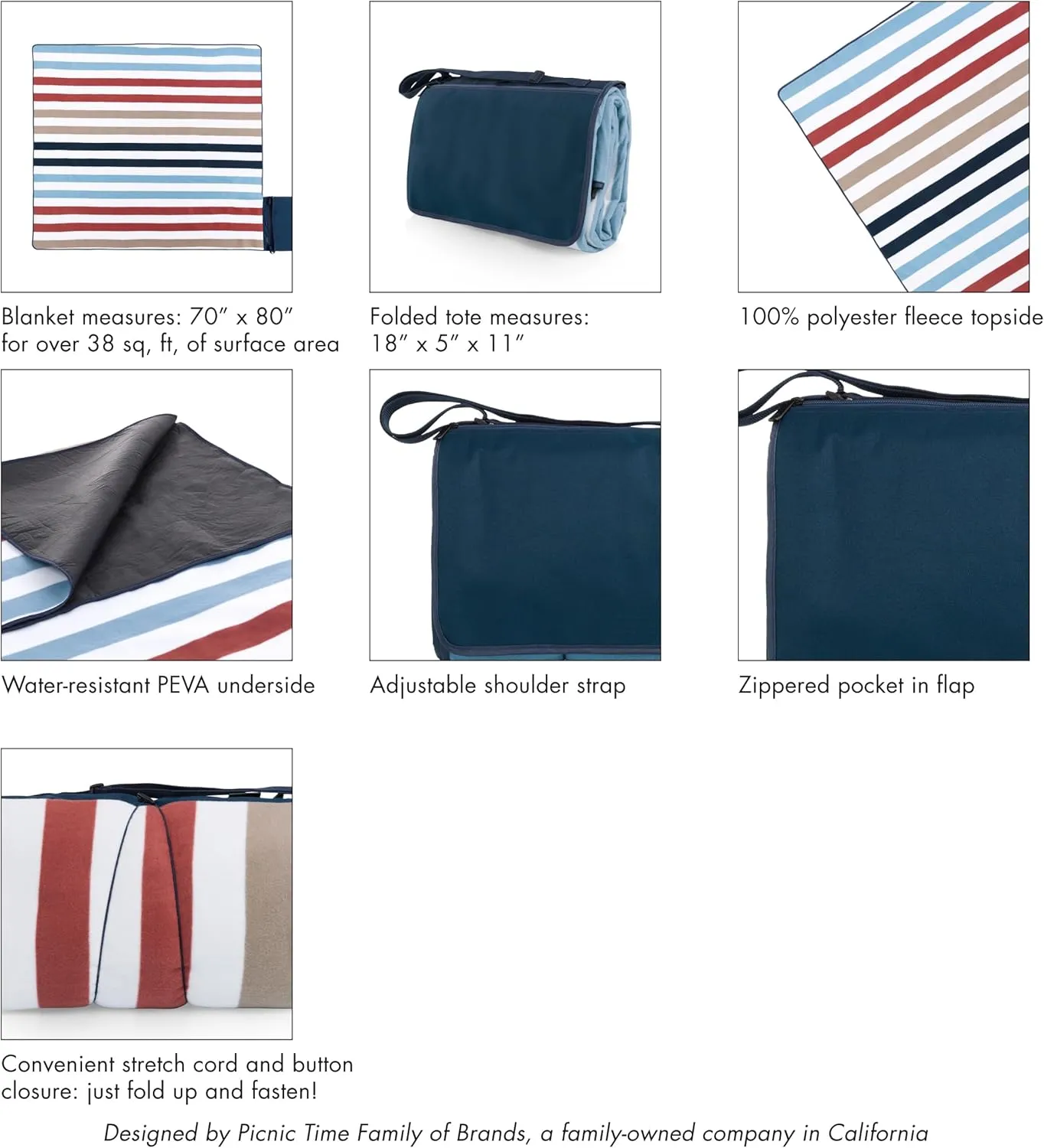 Picnic TIME Blanket Tote XL Outdoor Picnic Blanket, Beach Blanket, Camping Blanket, (Coastal Stripe)