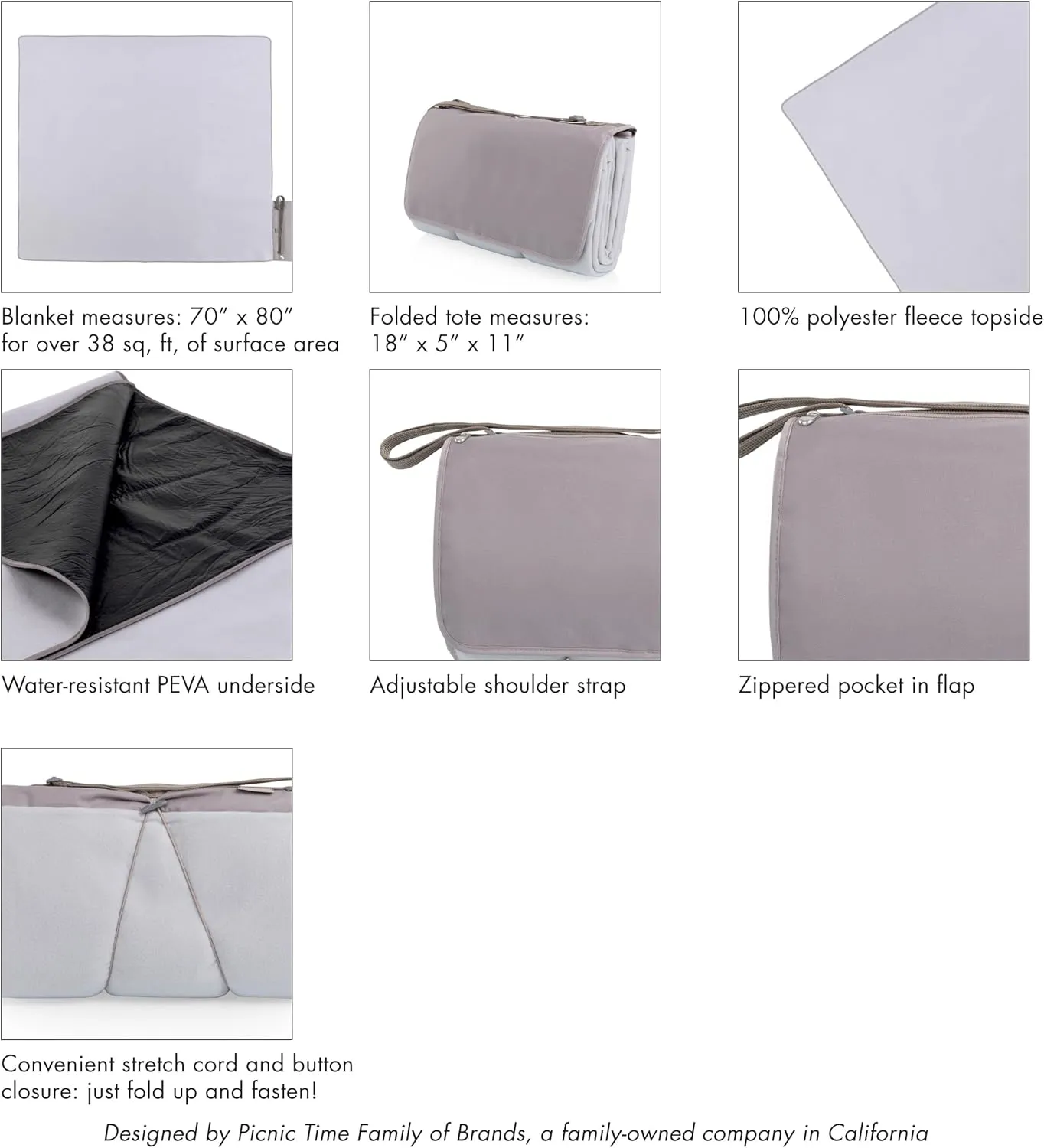 Picnic TIME Blanket Tote XL Outdoor Picnic Blanket, Beach Blanket, Camping Blanket, (Greige)