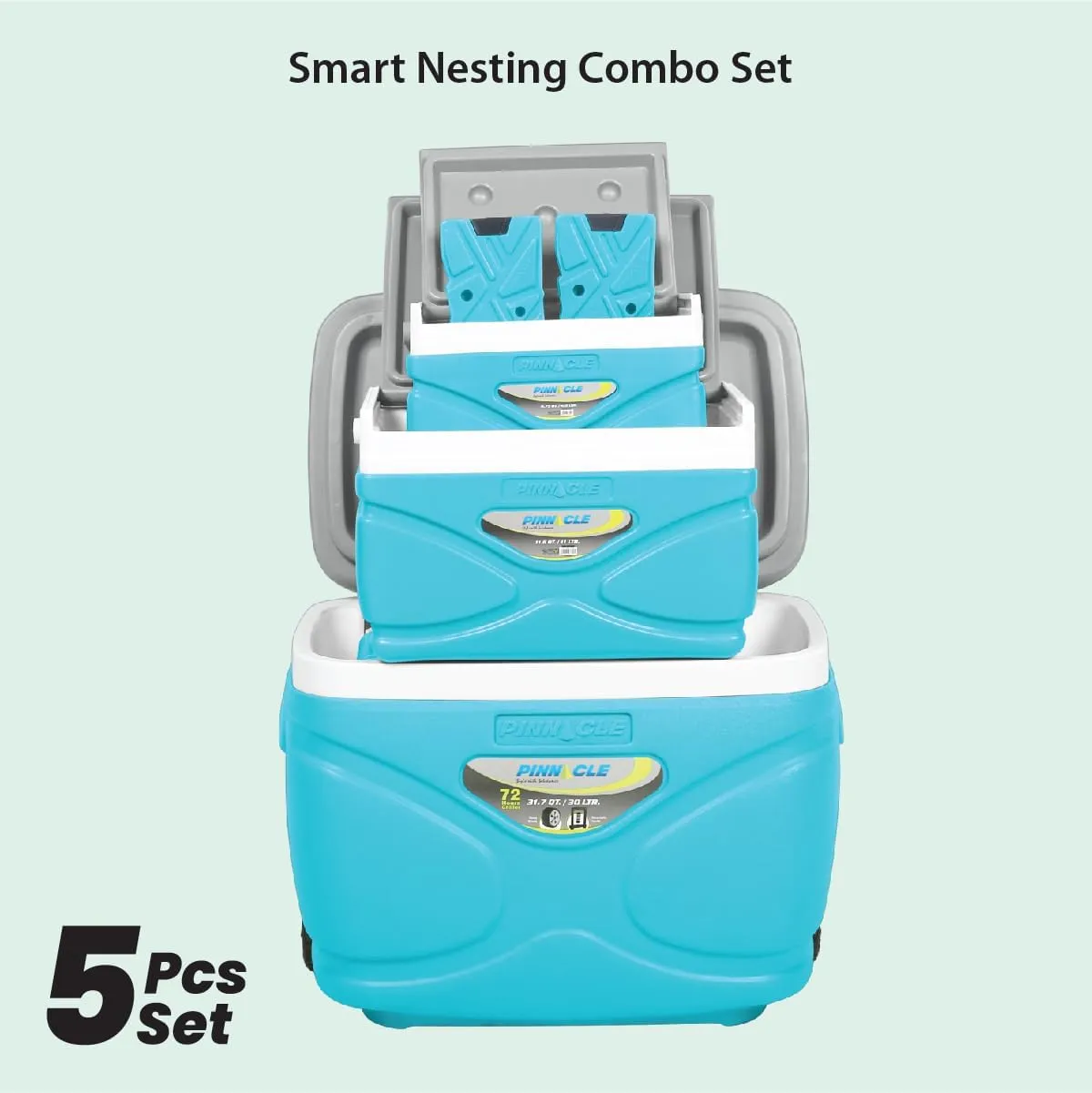 Pinnacle Cooler with Wheels – Practical Set of 66L Cooler with Wheels and Handle – Includes 30L 11L and 4.5L Camping Coolers and 2 Ice Bricks – Cup Holder and Sitting Lid – Extended Cooling Time