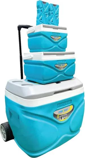 Pinnacle Cooler with Wheels – Practical Set of 66L Cooler with Wheels and Handle – Includes 30L 11L and 4.5L Camping Coolers and 2 Ice Bricks – Cup Holder and Sitting Lid – Extended Cooling Time