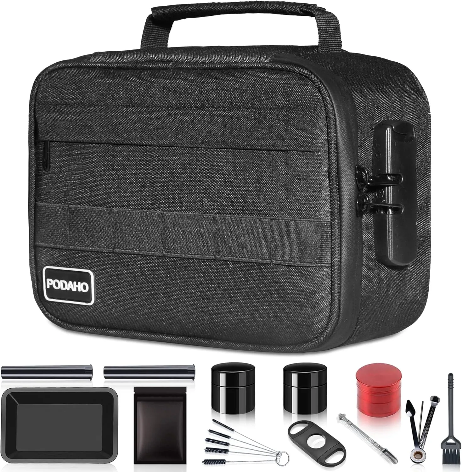 PODAHO Large Smell Proof Case Complete Kit with 11 Small Items, Premium Smell Proof Lockable bags with Combination Lock, Smell Proof Box Containers For Home and Travel, Black