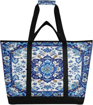Porcelain Floral Pattern Reusable Insulated Lunchbox Cooler Bag, Leakproof Kitchen Grocery Bag Collapsible Portable Cooler Tote Bag for Picnic, Camping, Office, Travel