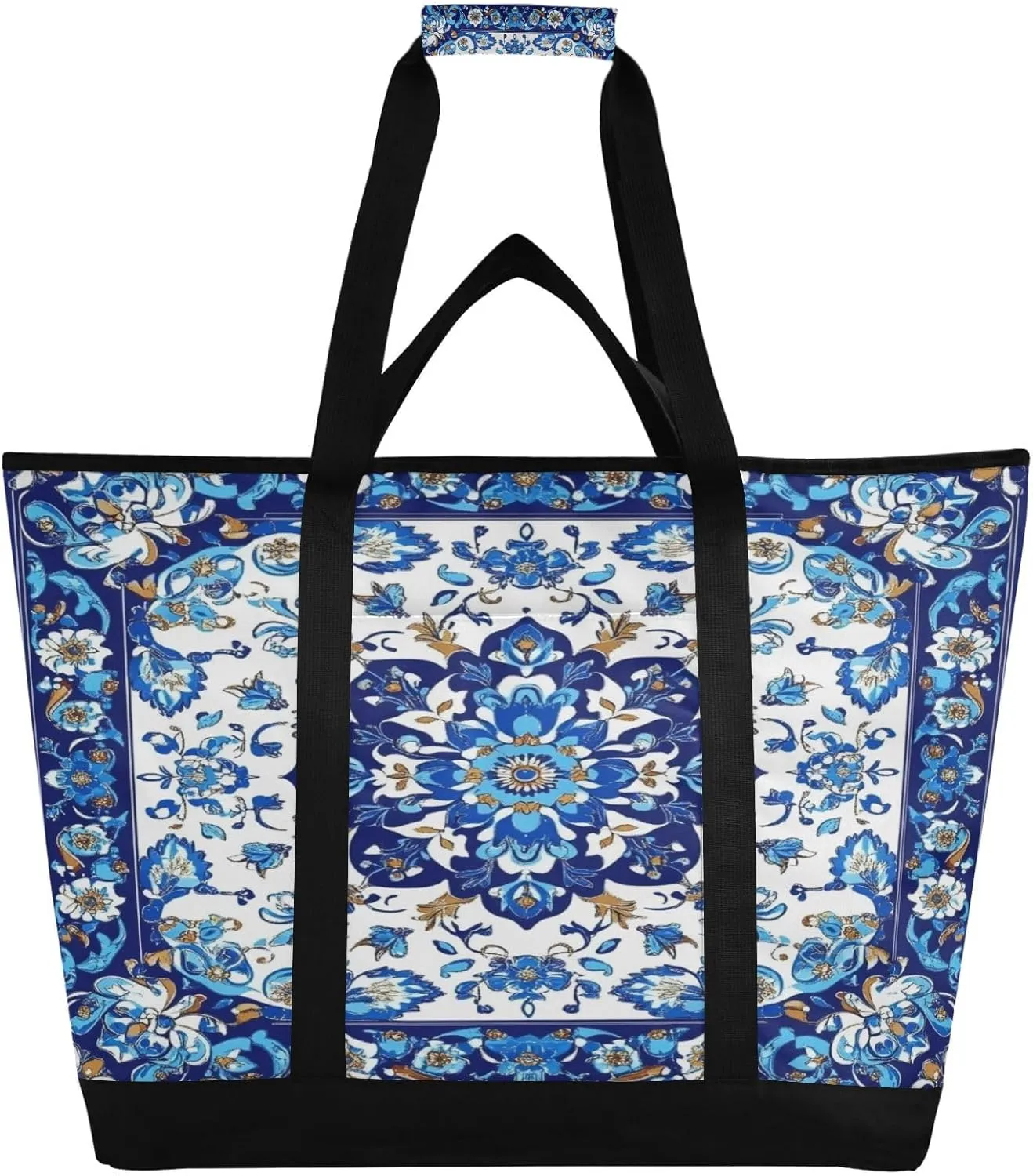 Porcelain Floral Pattern Reusable Insulated Lunchbox Cooler Bag, Leakproof Kitchen Grocery Bag Collapsible Portable Cooler Tote Bag for Picnic, Camping, Office, Travel