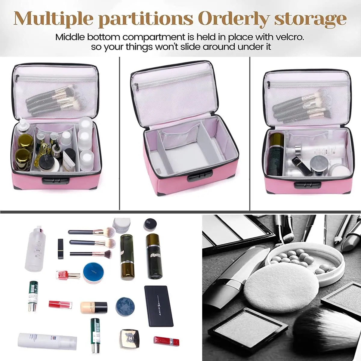 Portable Cosmetic Bag with Lock, Large Capacity Travel Makeup Case Organizer, Waterproof Makeup Bags for Girls Traveling With Handle and Divider Makeup Bag… (Pink)