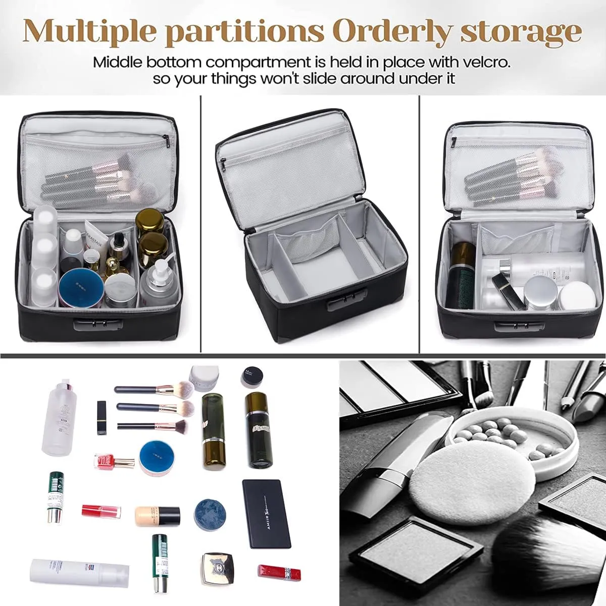 Portable Cosmetic Bag with Lock, Large Capacity Travel Makeup Case Organizer, Waterproof Makeup Bags for Girls Traveling With Handle and Divider Makeup Bag…(Black)