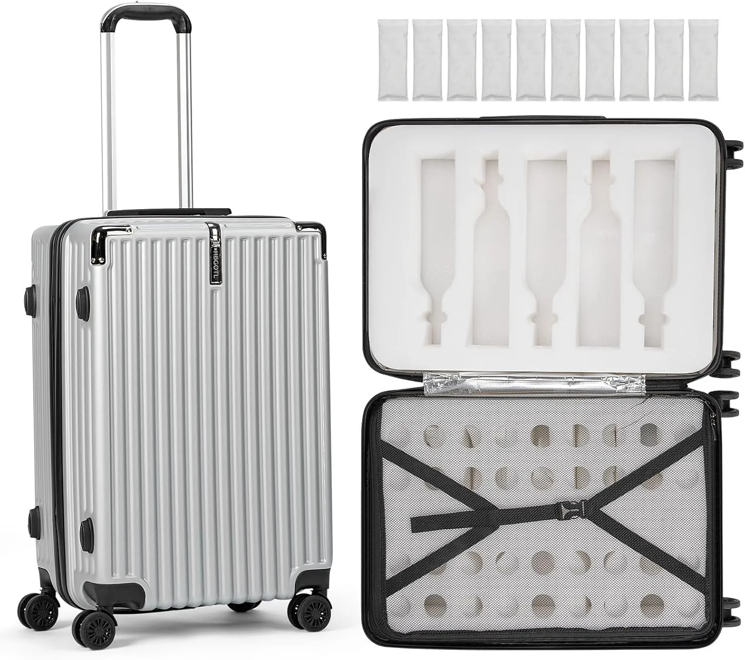 Premium Thermal-Insulated Wine suitcase with Ice Pack Compartment - Shockproof Reinforced PC Travel Case for 10 750ml Wine Bottles, Heavy-Duty Handle, Quiet 360° Wheels & Secure Zipper for Air Travel