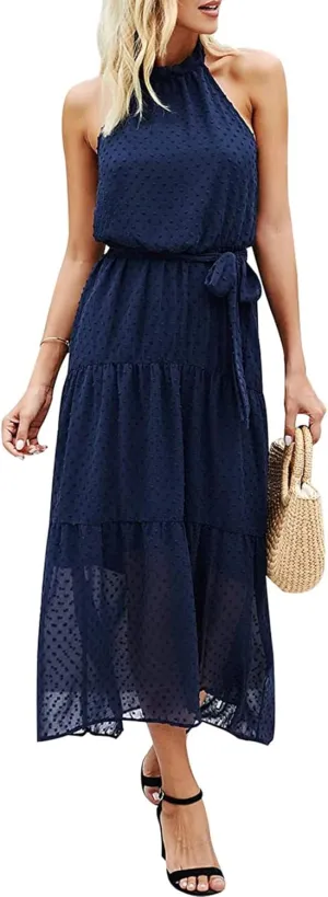 PRETTYGARDEN Women’s Halter Neck Floral Long Maxi Dress Casual Sleeveless Backless Dresses Loose Ruffle Sundress with Belt