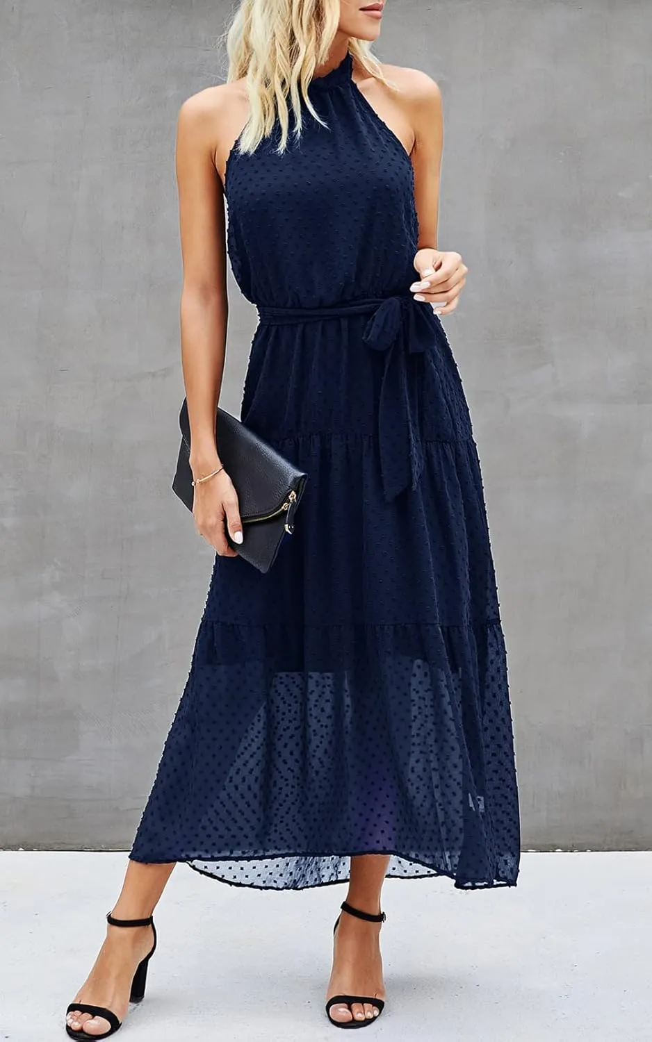 PRETTYGARDEN Women’s Halter Neck Floral Long Maxi Dress Casual Sleeveless Backless Dresses Loose Ruffle Sundress with Belt