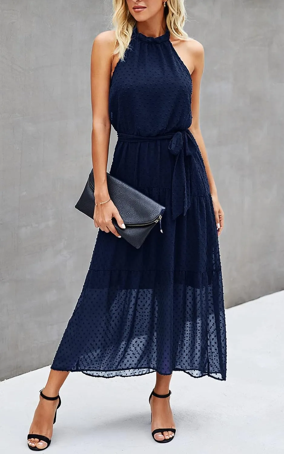 PRETTYGARDEN Women’s Halter Neck Floral Long Maxi Dress Casual Sleeveless Backless Dresses Loose Ruffle Sundress with Belt