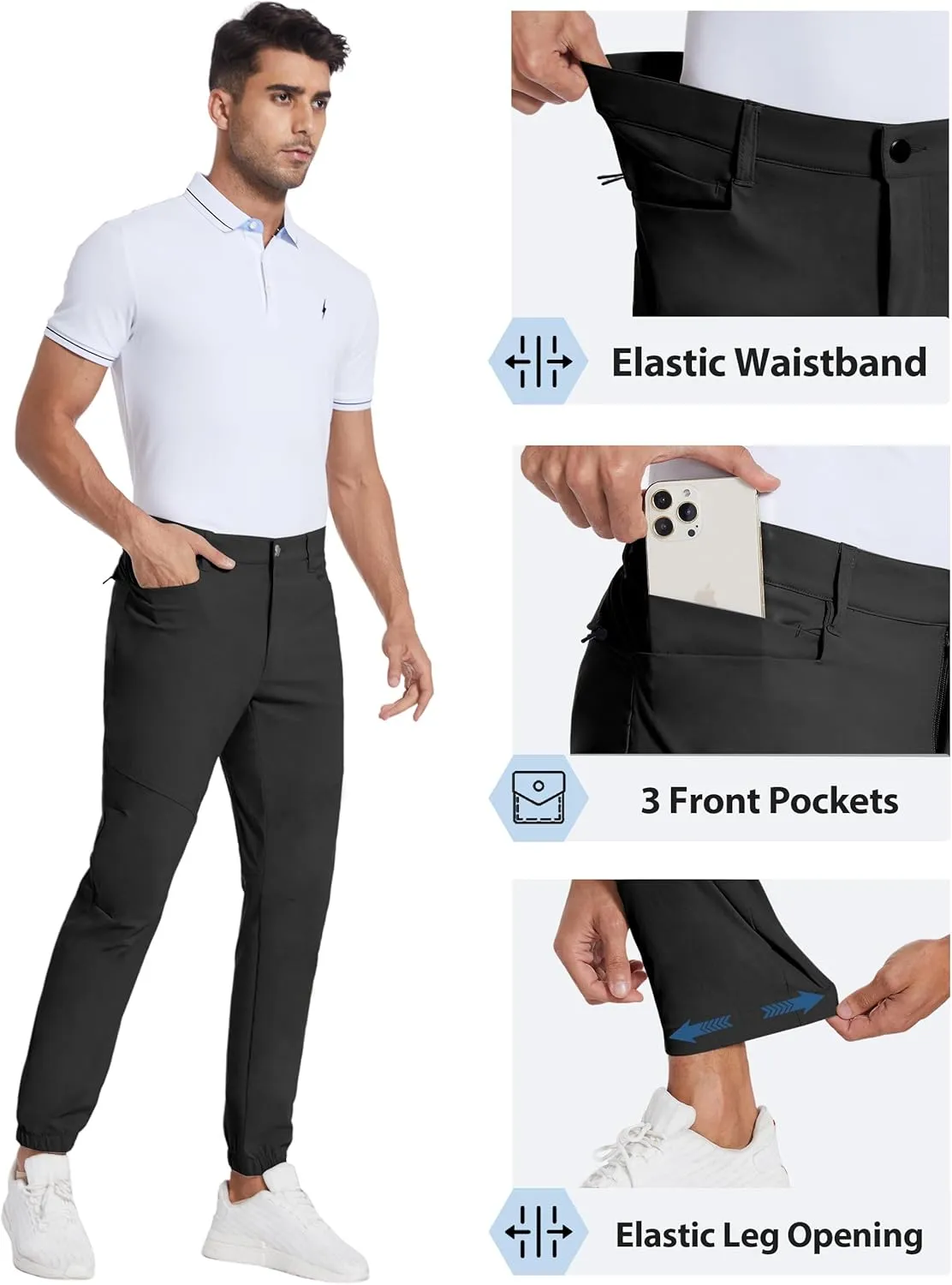 PULI Men's Stretch Golf Joggers Pants with 4 Pockets Waterproof Slim Fit Hiking Casual Travel Work Pants for Men