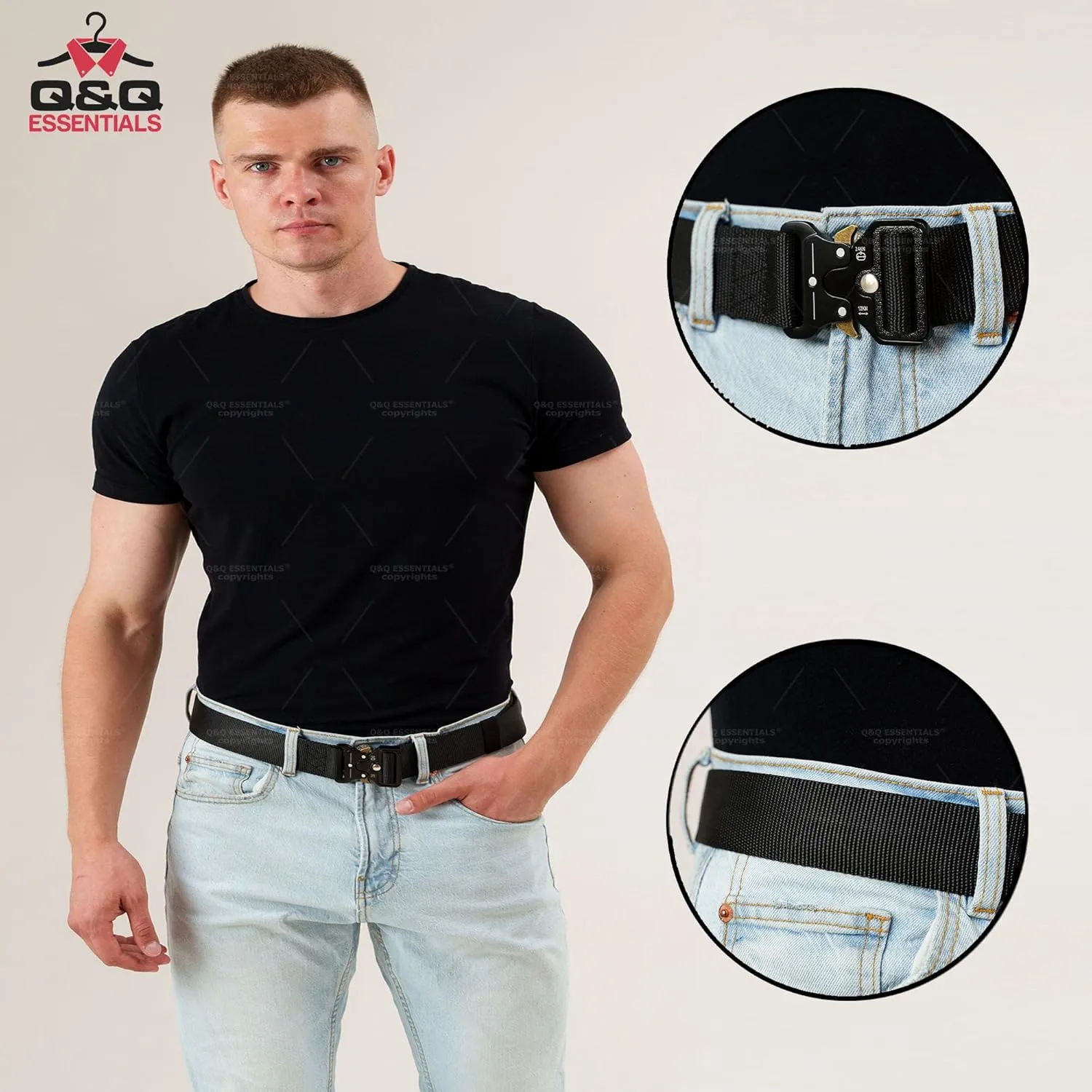 Q&Q ESSENTIALS Men's Tactical Belt, 1.5 Inch Black Nylon, Quick Release, Perfect for Hiking, Airsoft, Duty Belt, Hunting