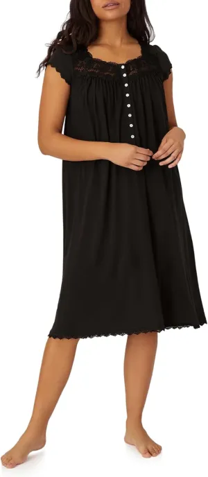 Queen Anne's Lace Women's Villa Blanca Black 2X Nightgown - Luxurious Cotton Knit, Heirloom Laces, Button Front, Nursing-Friendly, Sleepwear