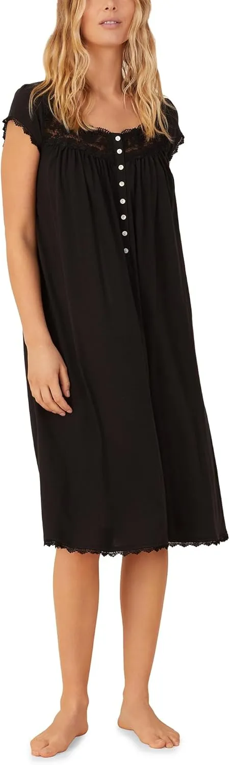Queen Anne's Lace Women's Villa Blanca Black XS Nightgown - Sleepwear, Nursing Mothers, Cotton, Mid-Calf, Button Front Placket, Cap Sleeves, Heirloom Laces