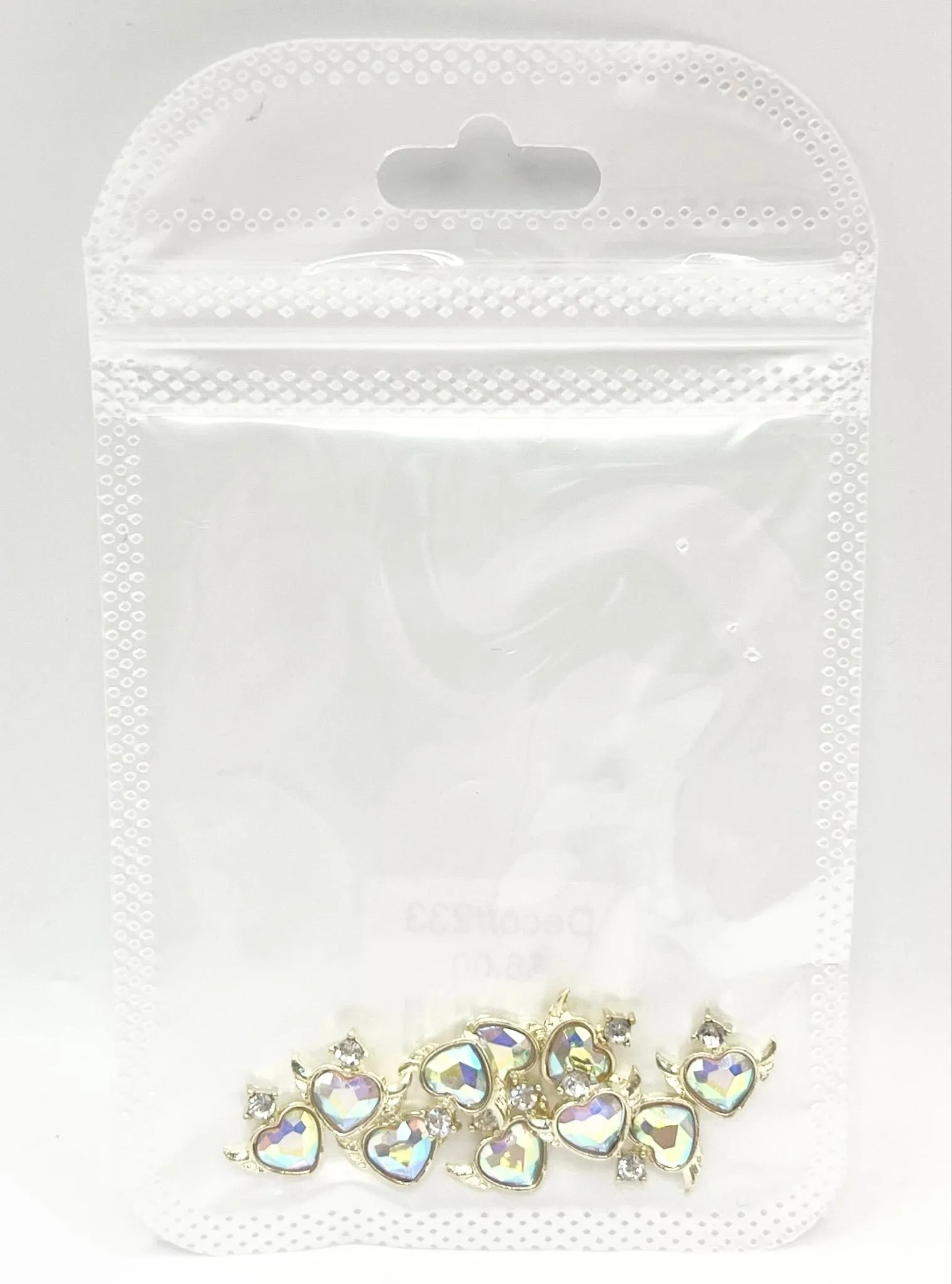 Queen - Nail Charms 10pc - #233 Gold Winged Iridescent Heart Crystals