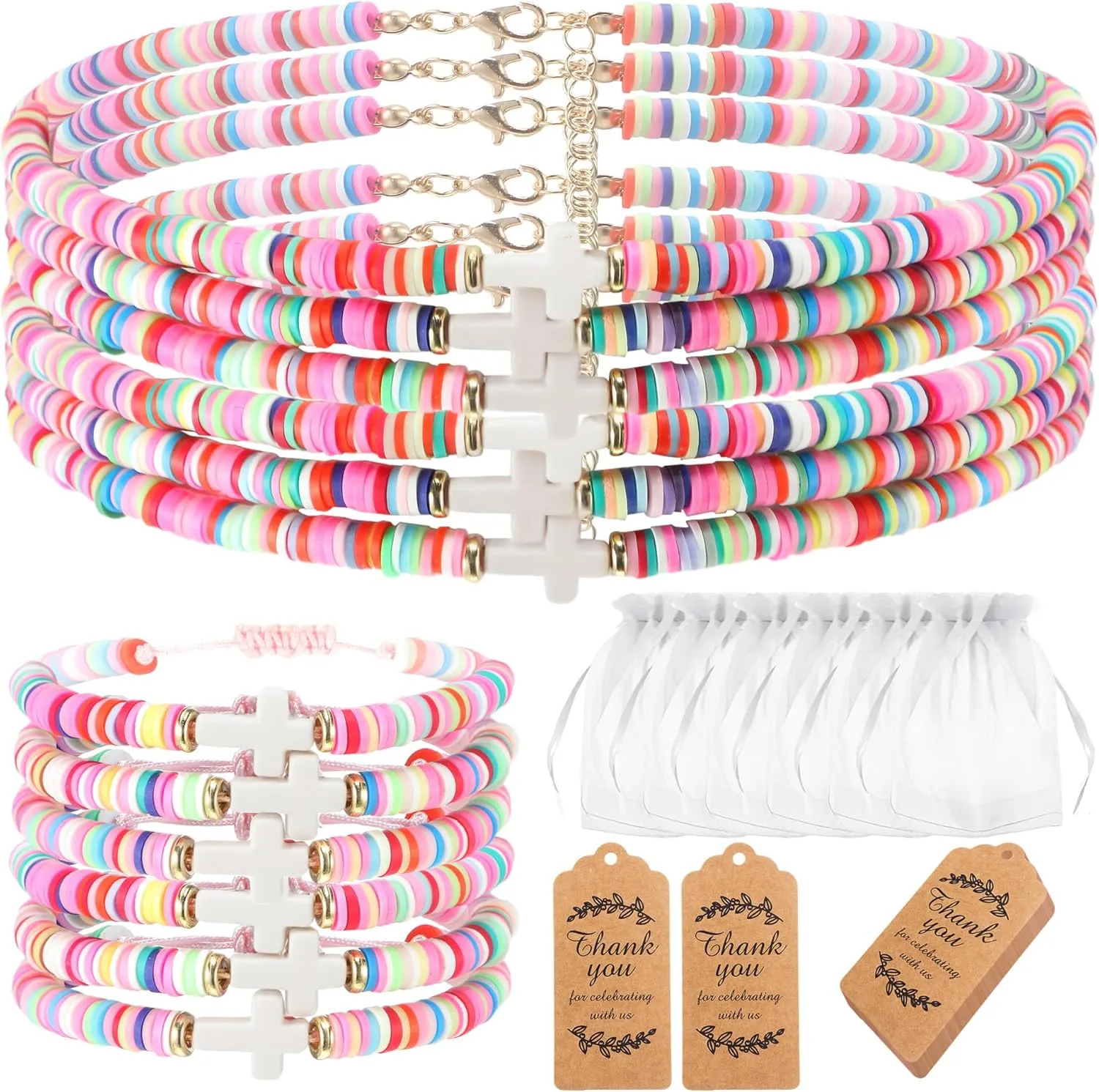 Quelay 20 Sets Baptism Gifts Favor Set Baptism Cross Bracelet Necklace Christening Faith Bracelets Necklace with Organza Bags for First Communion Party