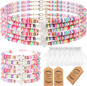 Quelay 20 Sets Baptism Gifts Favor Set Baptism Cross Bracelet Necklace Christening Faith Bracelets Necklace with Organza Bags for First Communion Party