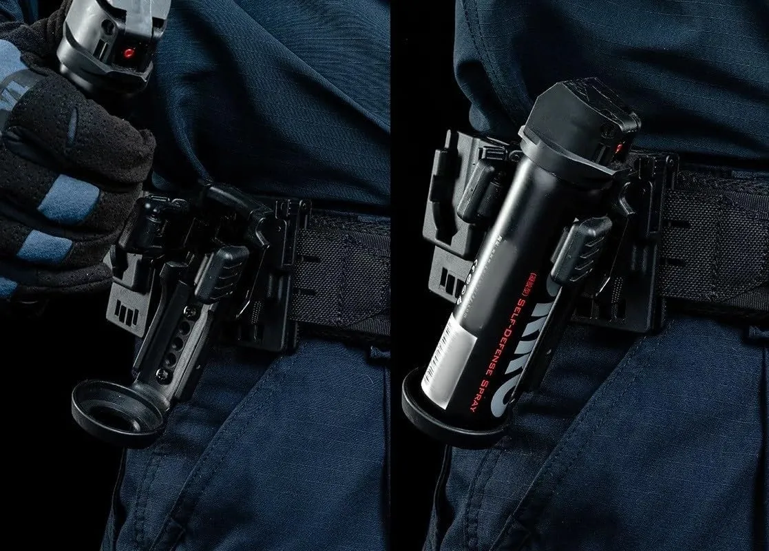 Quick Release OC/Mace Spray Holder w/Duty Belt/MOLLE Vest Rotatable Clip MK4 Canister Holster Pepper Spray Can Case Tactical Flashlight Pouch fit 1.5" Diameter for Police Leo Security Military
