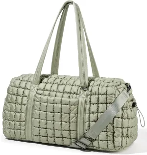 Quilted Travel Duffle Bag for Women Weekender Bag Large Puffer Overnight Bags Soft Puffy Duffel Bag Carry on Gym Bag Lightweight Personal Item Travel Bag for Trips Business Sport Airplane (Sage Green)