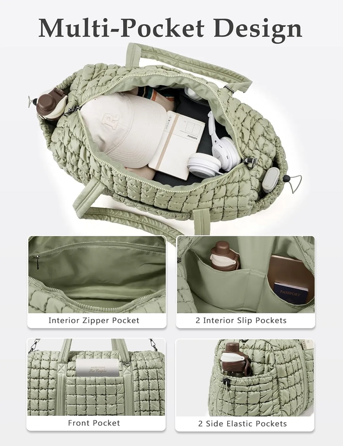 Quilted Travel Duffle Bag for Women Weekender Bag Large Puffer Overnight Bags Soft Puffy Duffel Bag Carry on Gym Bag Lightweight Personal Item Travel Bag for Trips Business Sport Airplane (Sage Green)