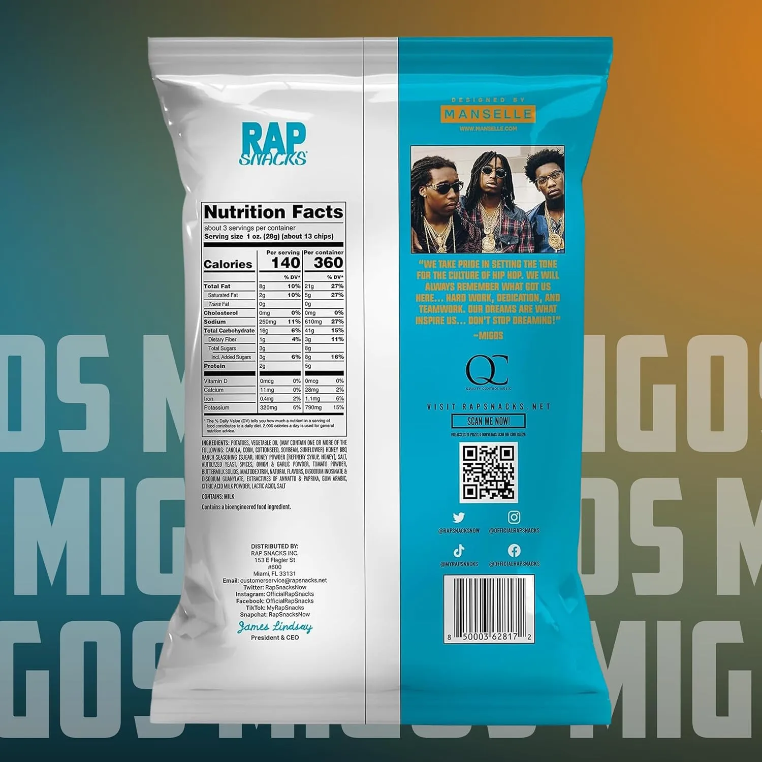 Rap Snacks Migos Bar-B-Quin with My Honey with a Dab of Ranch Potato Chips 2.5 Oz Bags-Pack of 6