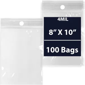 Reclosable Hang Hole Zip Poly Bags, 4Mil 8" X 10" & 100 Bags | LDPE Material, Clear Plastic with Resealable Lock Seal Zipper | Resealable Zip Top Lock For Travel, Storage, Packaging & Shipping