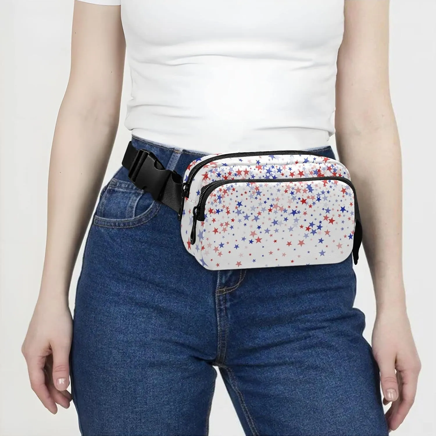 Red Blue American Patriotic Stars July 4th Independence Day Adjustable Belt Running Bag, Crossbody Fanny Pack Waist Runners Bag Tote for Women Men Sports Hiking Fitness Exercise Gym Pouch