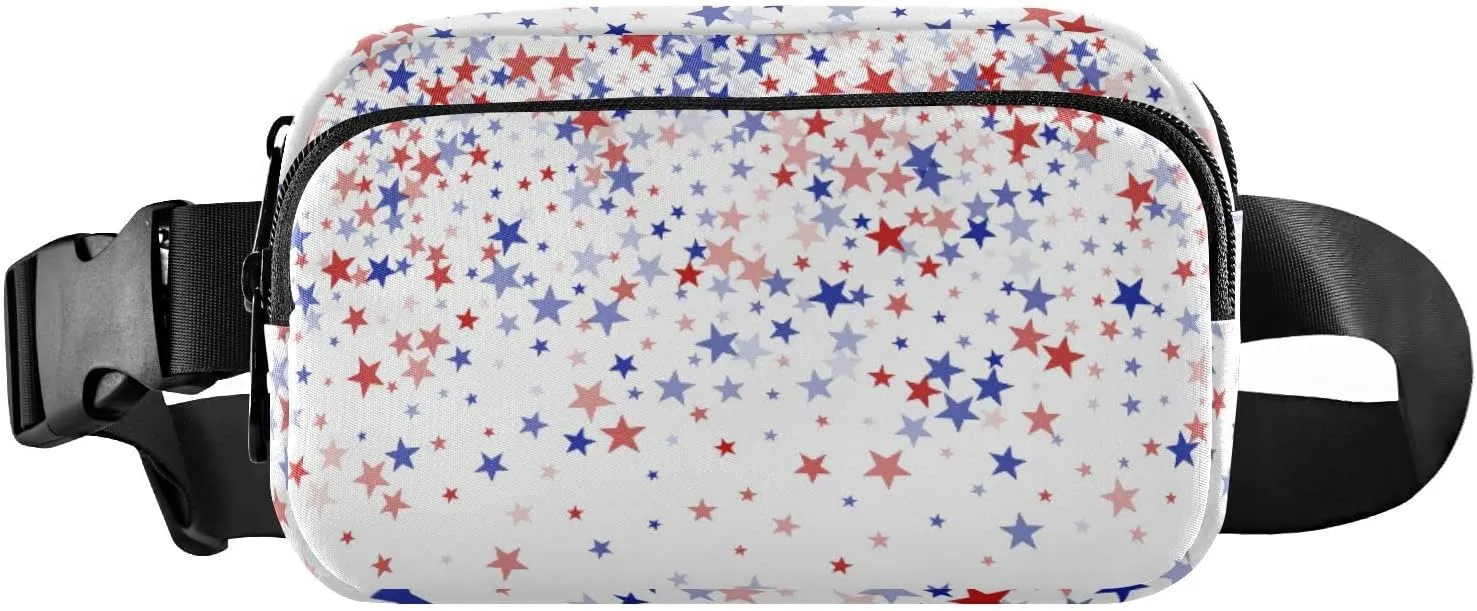 Red Blue American Patriotic Stars July 4th Independence Day Adjustable Belt Running Bag, Crossbody Fanny Pack Waist Runners Bag Tote for Women Men Sports Hiking Fitness Exercise Gym Pouch