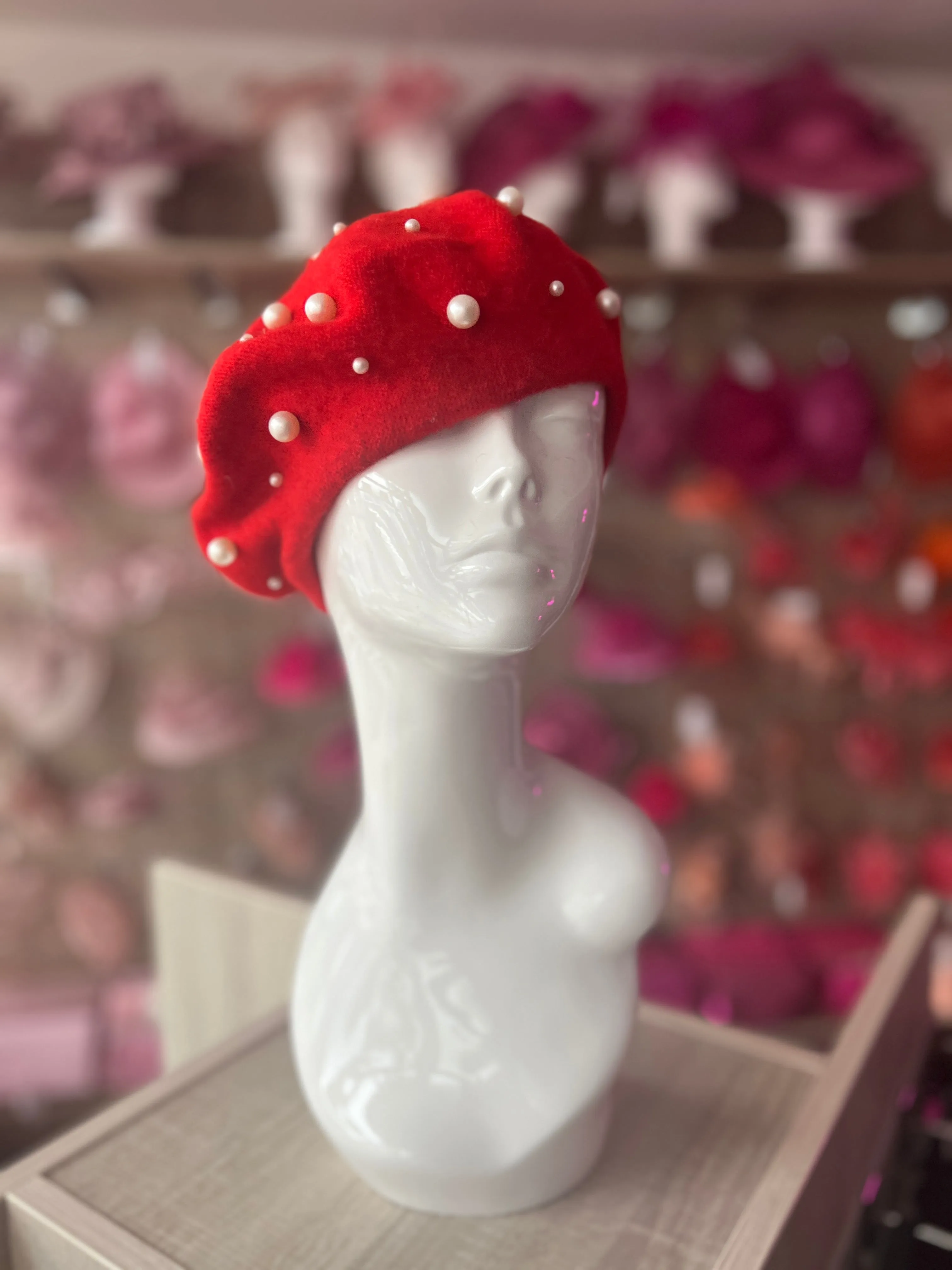 Red Pearl Embellished Beret Hat