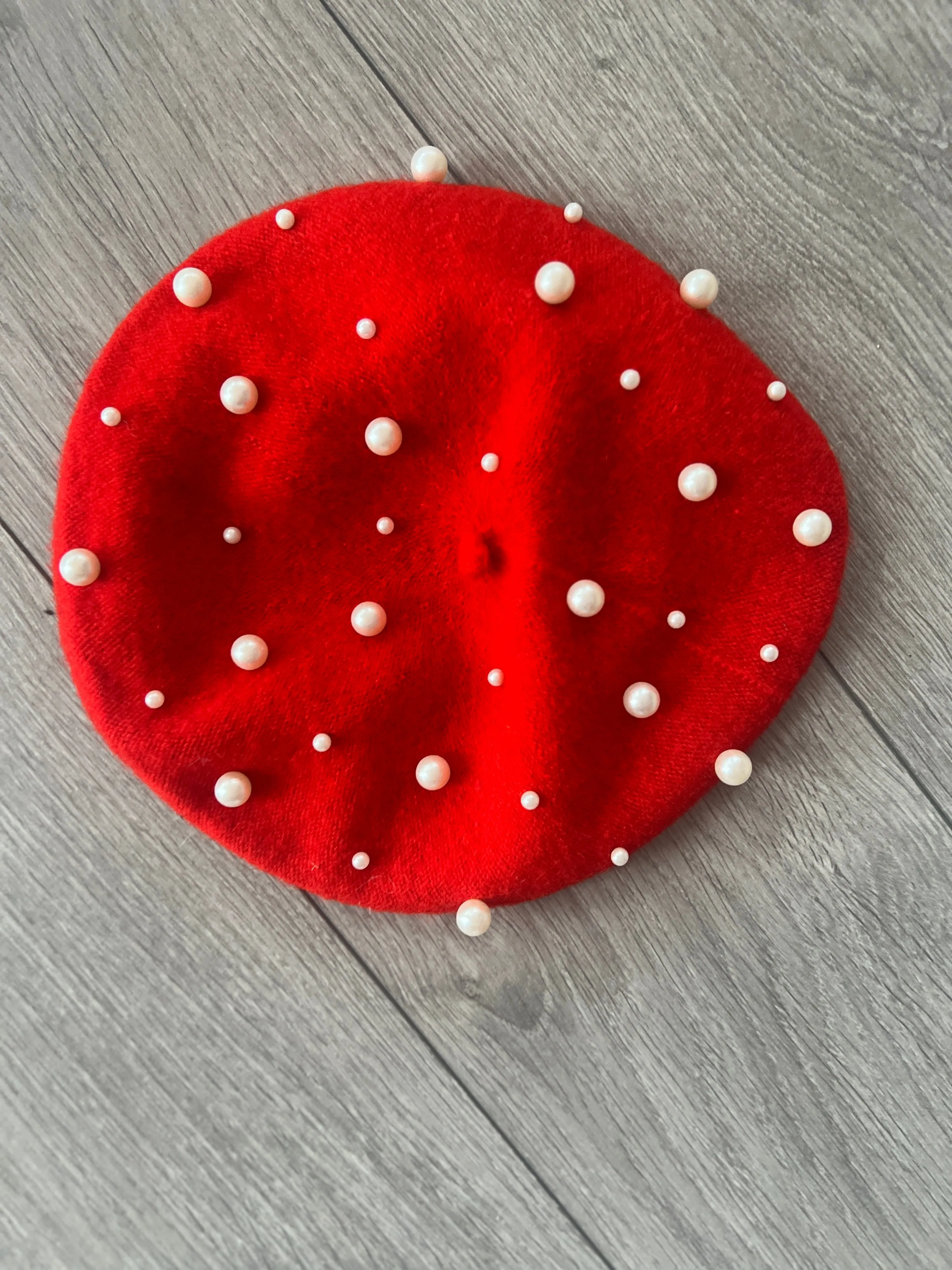 Red Pearl Embellished Beret Hat