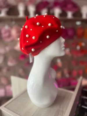 Red Pearl Embellished Beret Hat