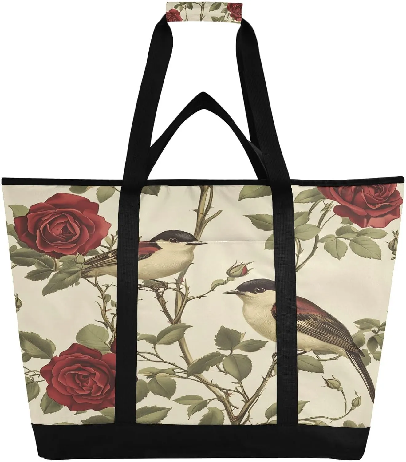 Red Rose and Bird Pattern Reusable Insulated Lunchbox Cooler Bag, Leakproof Kitchen Grocery Bag Collapsible Portable Cooler Tote Bag for Picnic, Camping, Office, Travel