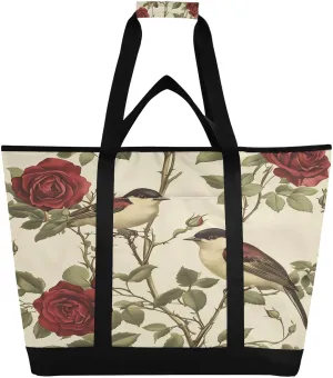 Red Rose and Bird Pattern Reusable Insulated Lunchbox Cooler Bag, Leakproof Kitchen Grocery Bag Collapsible Portable Cooler Tote Bag for Picnic, Camping, Office, Travel