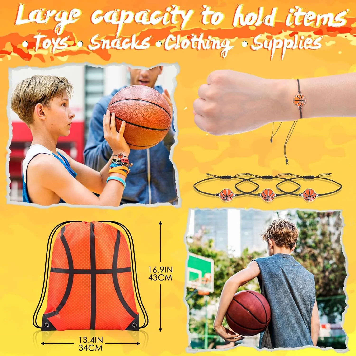 Reginary 18 Pcs Basketball Drawstring Bag and 18 Pcs Basketball Bracelet Bulk Goodie Bags Drawstring Backpack Adjustable Braided Sport Charm Bracelet for Boys Girls