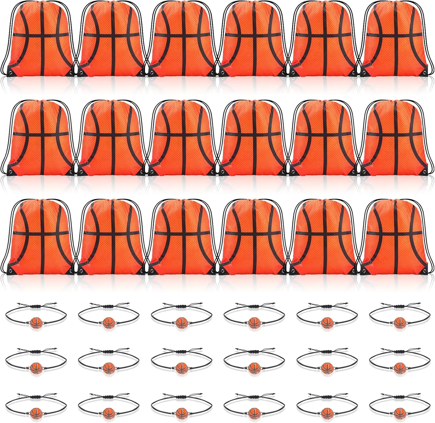 Reginary 18 Pcs Basketball Drawstring Bag and 18 Pcs Basketball Bracelet Bulk Goodie Bags Drawstring Backpack Adjustable Braided Sport Charm Bracelet for Boys Girls