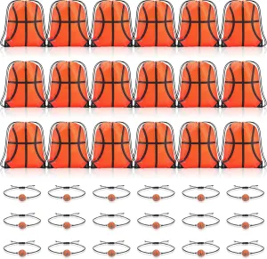 Reginary 18 Pcs Basketball Drawstring Bag and 18 Pcs Basketball Bracelet Bulk Goodie Bags Drawstring Backpack Adjustable Braided Sport Charm Bracelet for Boys Girls