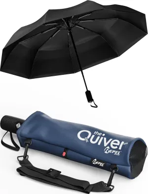 Repel Umbrella Black Umbrella With Over the Shoulder Carrying Case, Windproof Travel Umbrellas for Rain - Easy Auto Open Close, Strong Fiberglass Frame