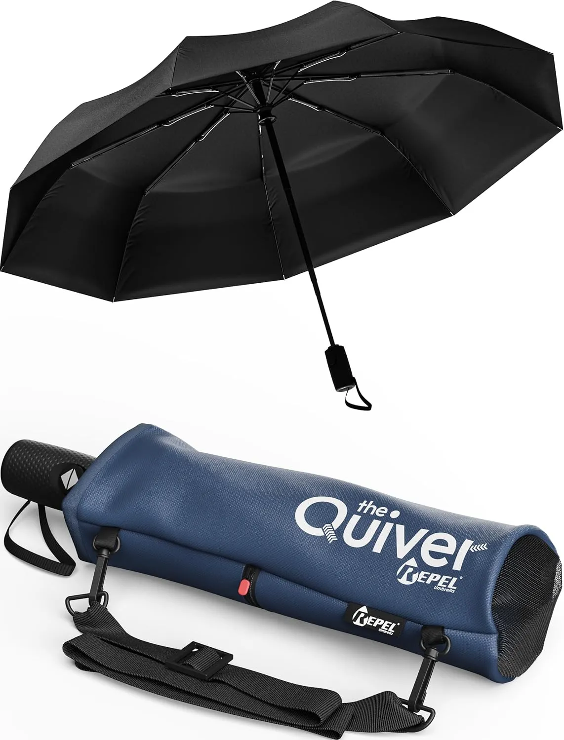 Repel Umbrella Black Umbrella With Over the Shoulder Carrying Case, Windproof Travel Umbrellas for Rain - Easy Auto Open Close, Strong Fiberglass Frame