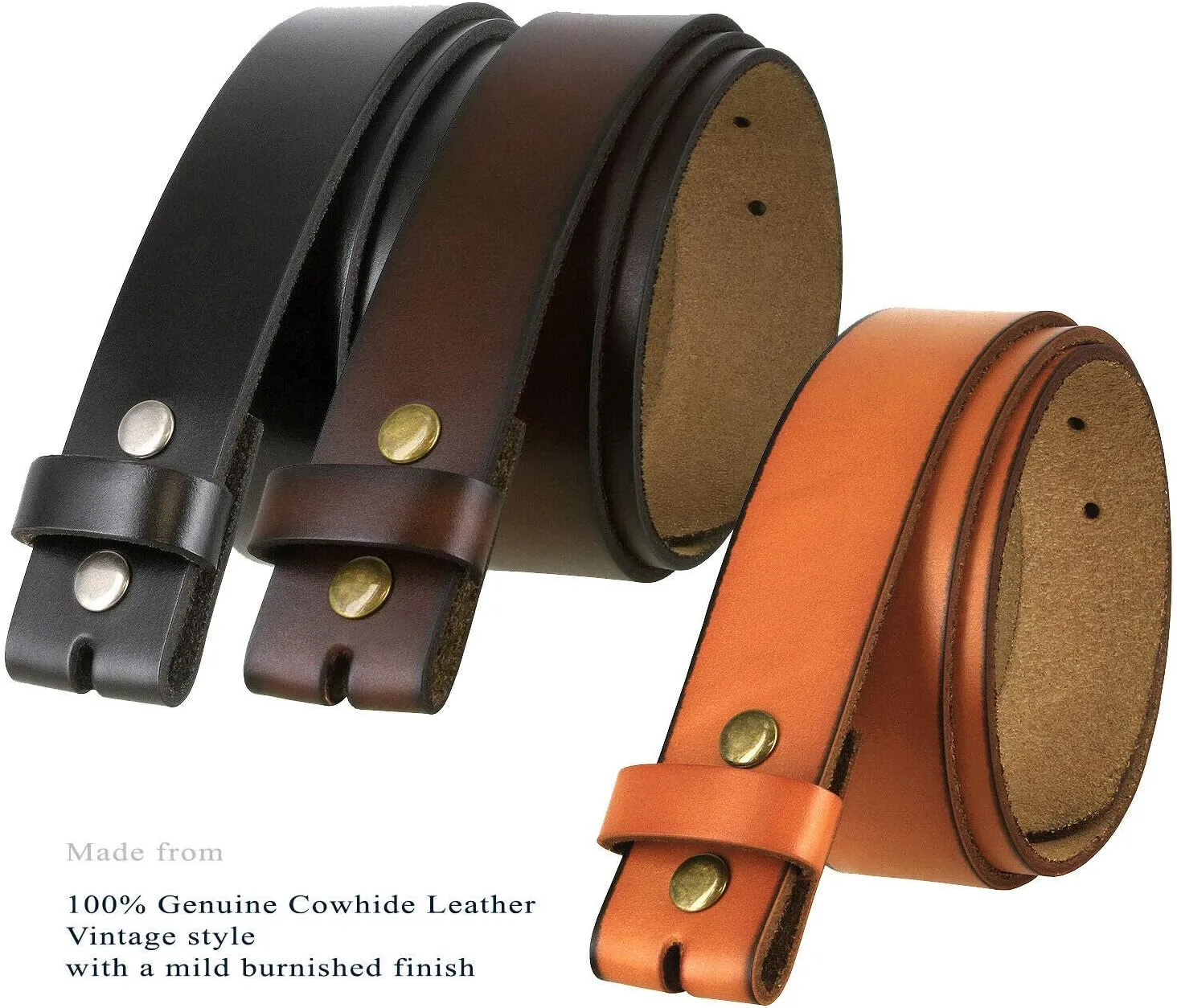 Replacement Belt Strap 100% Genuine Leather Plain Casual Belt Strap with Snaps 1-1/2"(38mm) Wide