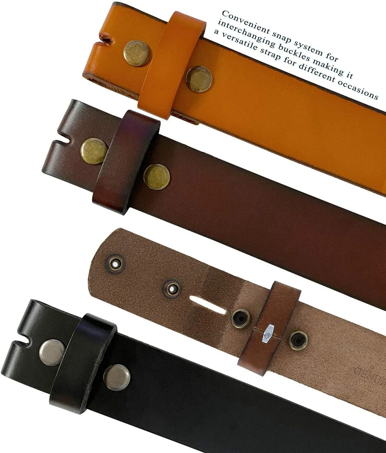 Replacement Belt Strap 100% Genuine Leather Plain Casual Belt Strap with Snaps 1-1/2"(38mm) Wide