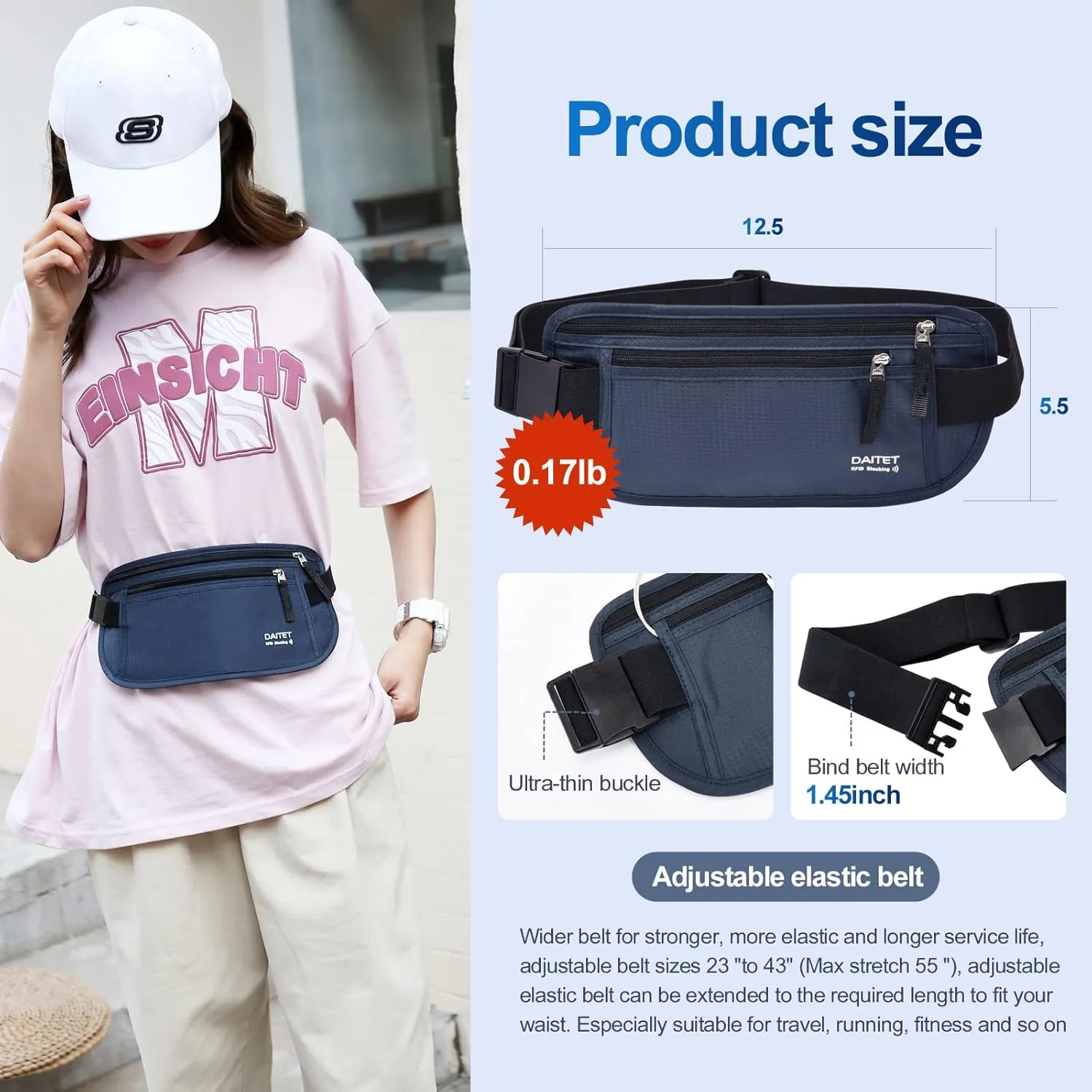 RFID Blocking Money Belt for Men Women, Slim Fanny Pack for Travel，Running,Conceal Waist Wallet for Passport Holder,Phone,Cash(Black Dark Blue)