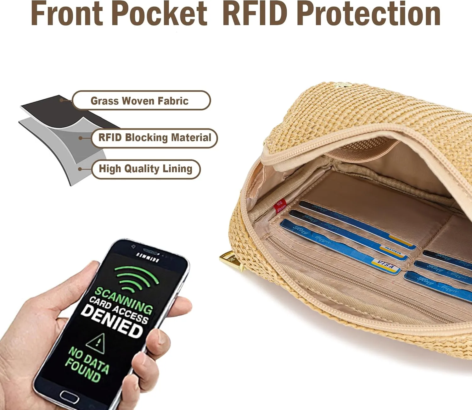 RFID Blocking Straw Summer Purses for Women Fanny Pack Crossbody Bags Belt Bag with Adjustable Strap (Weaving Khaki)