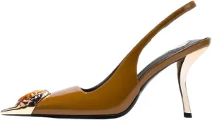 Rhinestones Slingback Heels Pumps for Women Metallic Closed Pointed Toe Mid Heels Patent Leather Stiletto for Party Work Dress Shoes