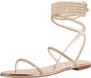 richealnini Round Toe Embellished Straps Rhinestones Flats Lace Tie Up Slide Sandals for Women Girls Party Wedding