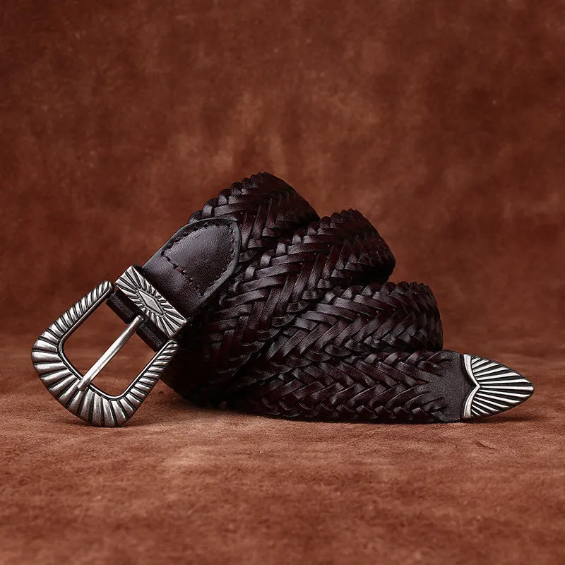 Riverstone Weave-Women’s Cowboy Belt-Braided Leather Strap-Silver Western Buckle