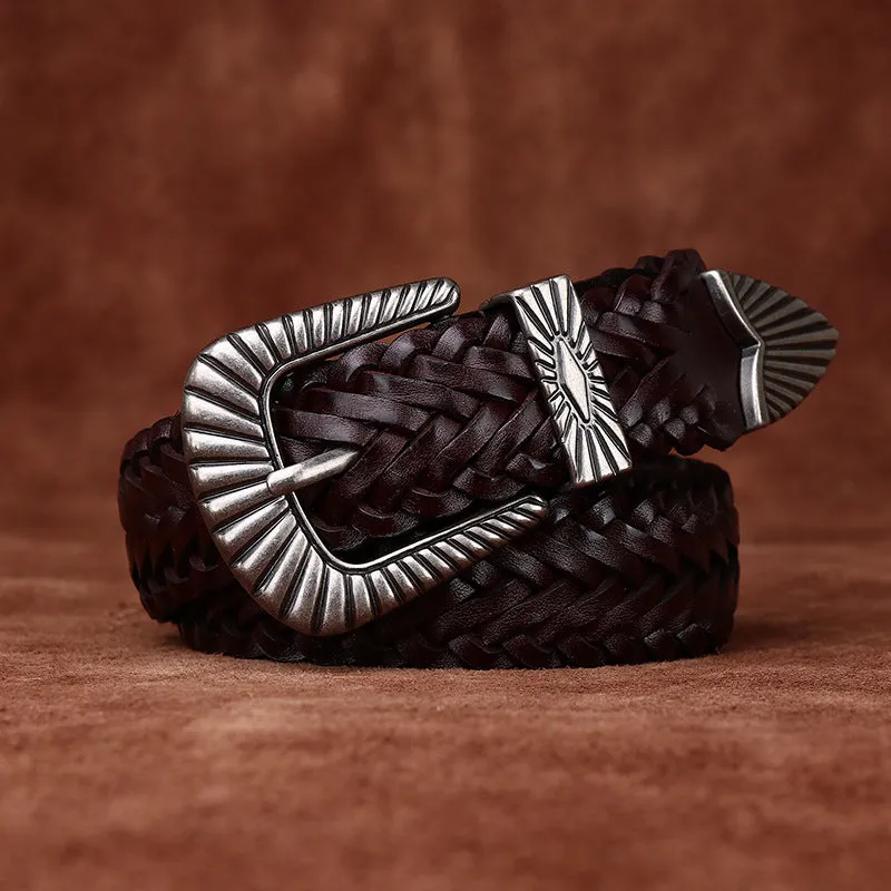Riverstone Weave-Women’s Cowboy Belt-Braided Leather Strap-Silver Western Buckle