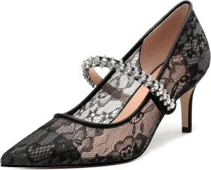 ROSERWISH Women's Closed Toe Rhinstone Wedding Low Heel Kitten Heels Pointed Toe Pumps High Heeled Prom Party Dress Shoes