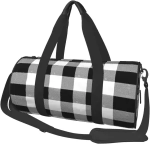 Round Duffle Bag Black White Plaid Unisex Travel Bag Duffle Bag